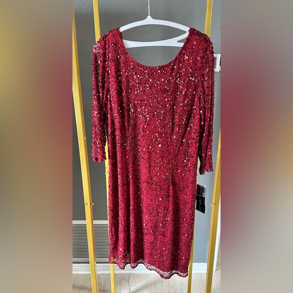 Long sleeve red beaded midi dress. Size 20W Pisarro Nights